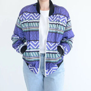 Vintage 90S TanJay  Purple & Green Aztec Zip Up Lightweight Bomber Jacket M